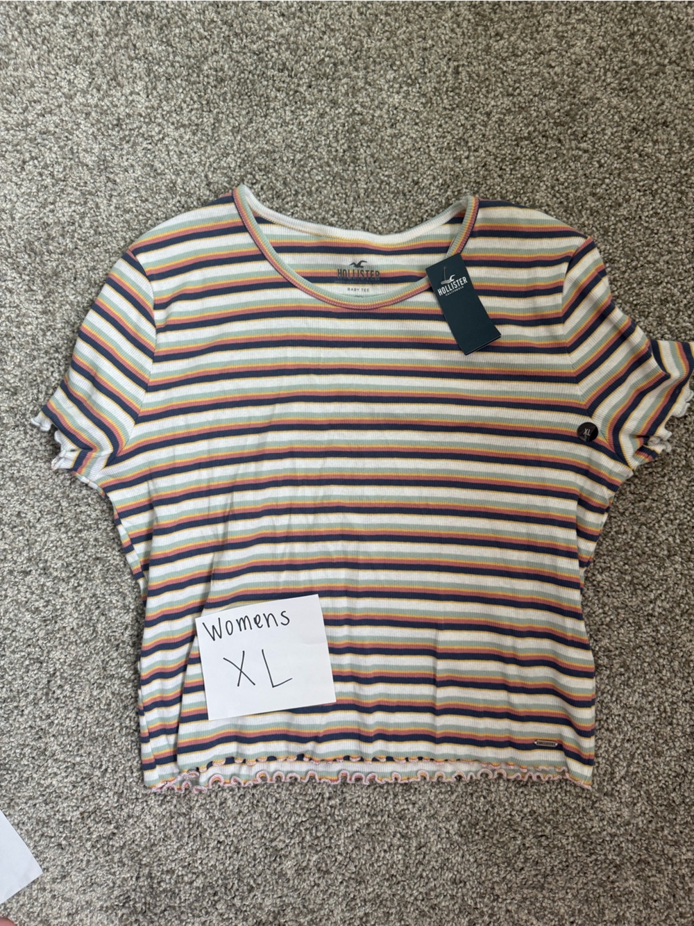 Hollister Women's White Multicolor Stripe Lettuce-Edge Crop Tee